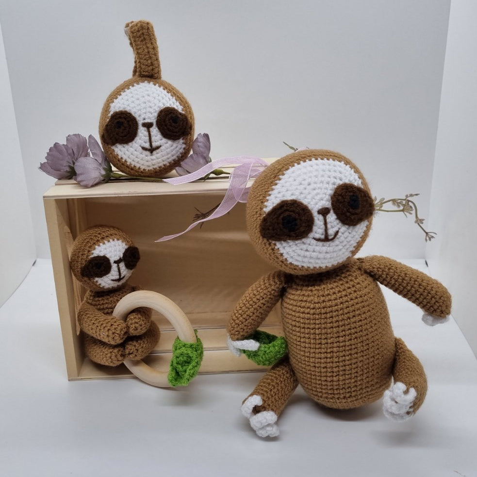 Baby Gift Set - Sloth Teething Rattle, Pram Toy, Cuddle Doll