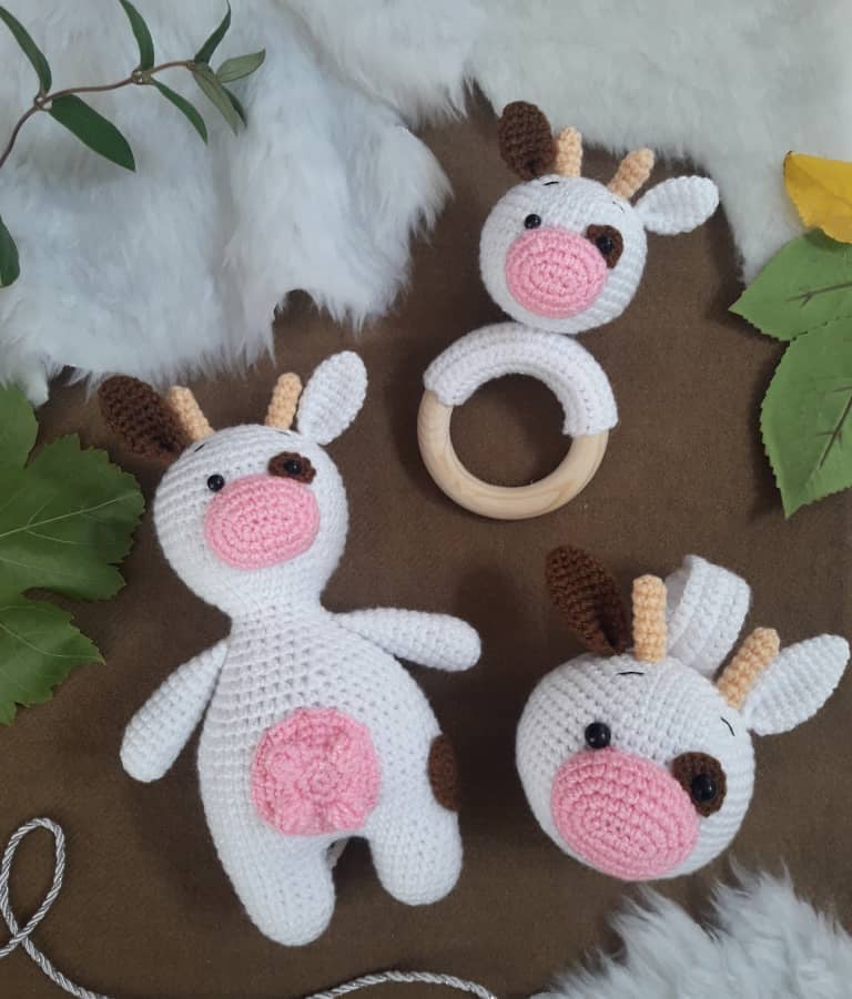 Baby Gift Set - Cow Teething Rattle, Pram Toy, Cuddle Doll
