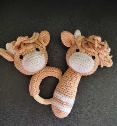 Baby Gift Set - - Highland Cow Strait Rattle and Teething Rattle