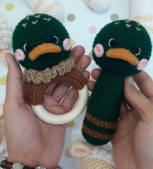 Baby Gift Set - Green Ducky Strait Rattle and Teething Rattle