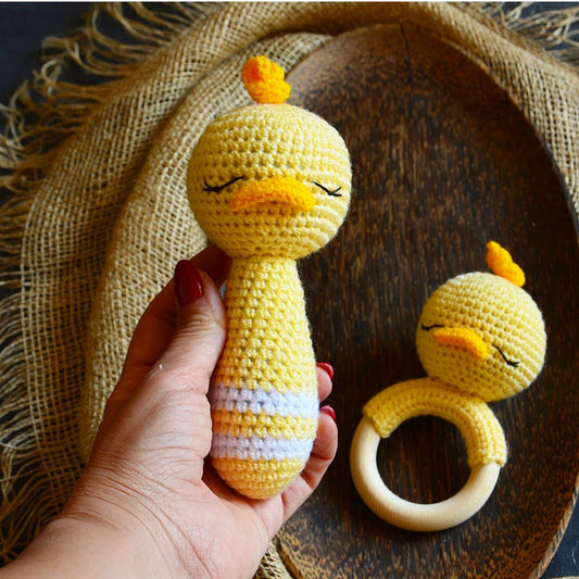 Baby Gift Set - Yellow Ducky Strait Rattle and Teething Rattle