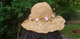 Adjustable Beach Straw Hat - Camel with Crochet Flowers
