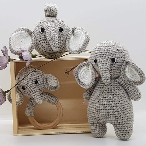 Baby Gift Set - Elephant Teething Rattle, Pram Toy, Cuddle Doll