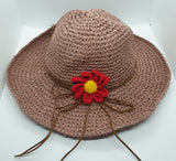 Adjustable Floral Garden Hat - Rose Pink with Red Crochet Flower