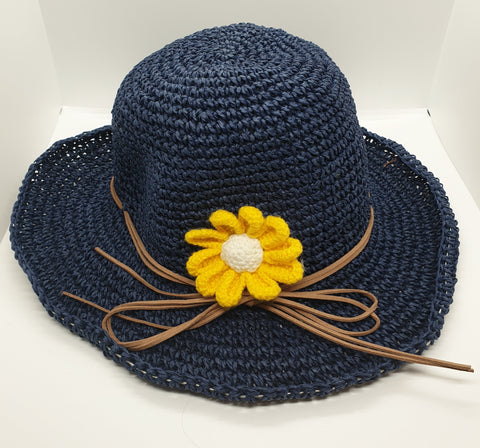 Adjustable Floral Garden Hat - Navy with White Crochet Flower