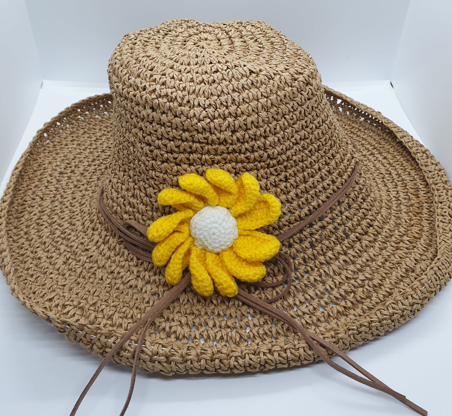 Adjustable Floral Garden Hat - Camel with Red Crochet Flower