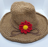 Adjustable Floral Garden Hat - Camel with Red Crochet Flower