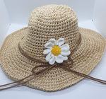 Adjustable Floral Garden Hat - Natural with White Crochet Flower