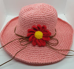 Adjustable Floral Garden Hat - Pink with Red Crochet Flower
