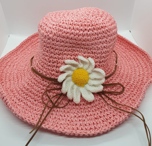 Adjustable Floral Garden Hat - Pink with Red Crochet Flower