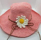 Adjustable Floral Garden Hat - Pink with Red Crochet Flower