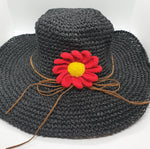 Adjustable Floral Garden Hat - Black with Red Crochet Flower