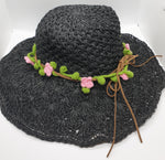 Adjustable Beach Straw Hat - Black with Pink Crochet Flowers