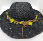 Adjustable Beach Straw Hat - Black with Pink Crochet Flowers
