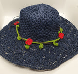 Adjustable Beach Straw Hat - Navy with Pink Crochet Flowers