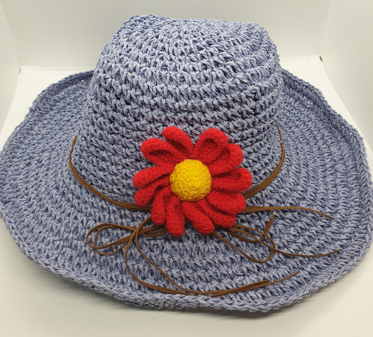 Adjustable Floral Garden Hat - Lilac with Red Crochet Flower