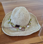 Adjustable Beach Straw Hat - Natural With crochet Flowers