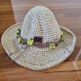 Adjustable Beach Straw Hat - Natural With crochet Flowers