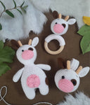 Baby Gift Set - Cow Teething Rattle, Pram Toy, Cuddle Doll
