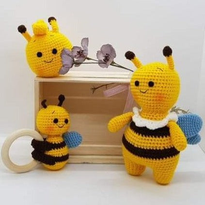 Baby Gift Set - Bee Teething Rattle, Pram Toy, Cuddle Doll