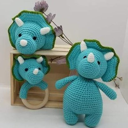 Baby Gift Set - Dino Teething Rattle, Pram Toy, Cuddle Doll