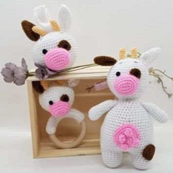 Baby Gift Set - Cow Teething Rattle, Pram Toy, Cuddle Doll