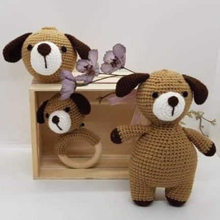 Baby Gift Set - Puppy Teething Rattle, Pram Toy, Cuddle Doll