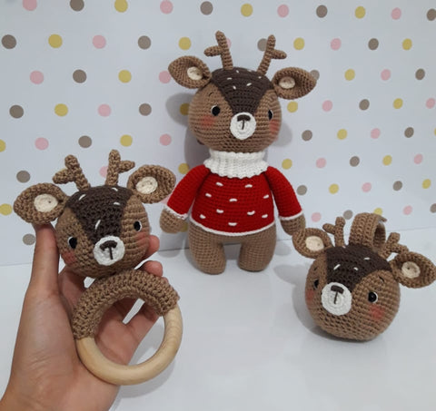 Baby Gift Set - Reindeer Teething Rattle, Pram Toy, Cuddle Doll