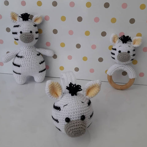 Baby Gift Set - Zebra Teething Rattle, Pram Toy, Cuddle Doll