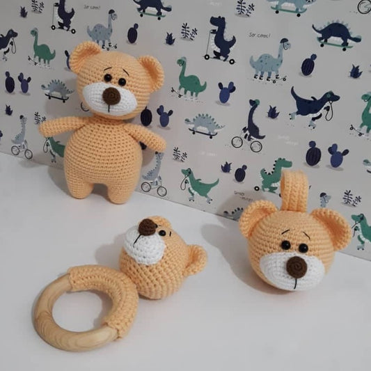 Baby Gift Set - Bear Teething Rattle, Pram Toy, Cuddle Doll