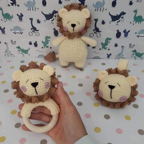 Baby Gift Set - Lion Teething Rattle, Pram Toy, Cuddle Doll