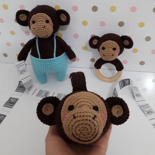 Baby Gift Set - Monkey Teething Rattle, Pram Toy, Cuddle Doll