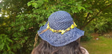 Adjustable Beach Straw Hat - Navy with Pink Crochet Flowers