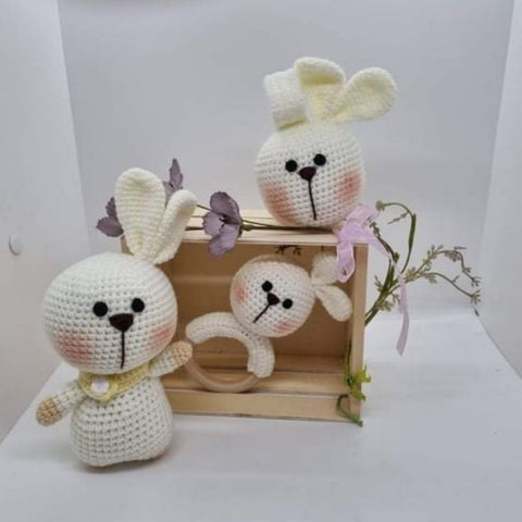 Baby Gift Set - Bunny Teething Rattle, Pram Toy, Cuddle Doll